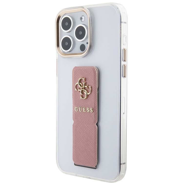 Guess Gripstand Clear Case with Saffiano Grip Leather & 4G Logo for iPhone 15 Pro Max -Black - القرنفل