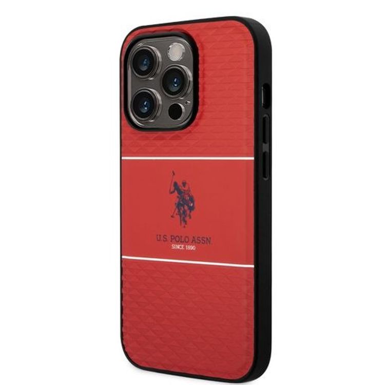 حافظة صلبة مخططة من US Polo لهاتف iPhone 14 Pro - أحمر
