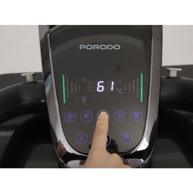 Porodo Steam Press Iron with 5 Levels Fabric Setting, EN/AR Voice Guide, stand Included, 1 minute steam Duration - Black 