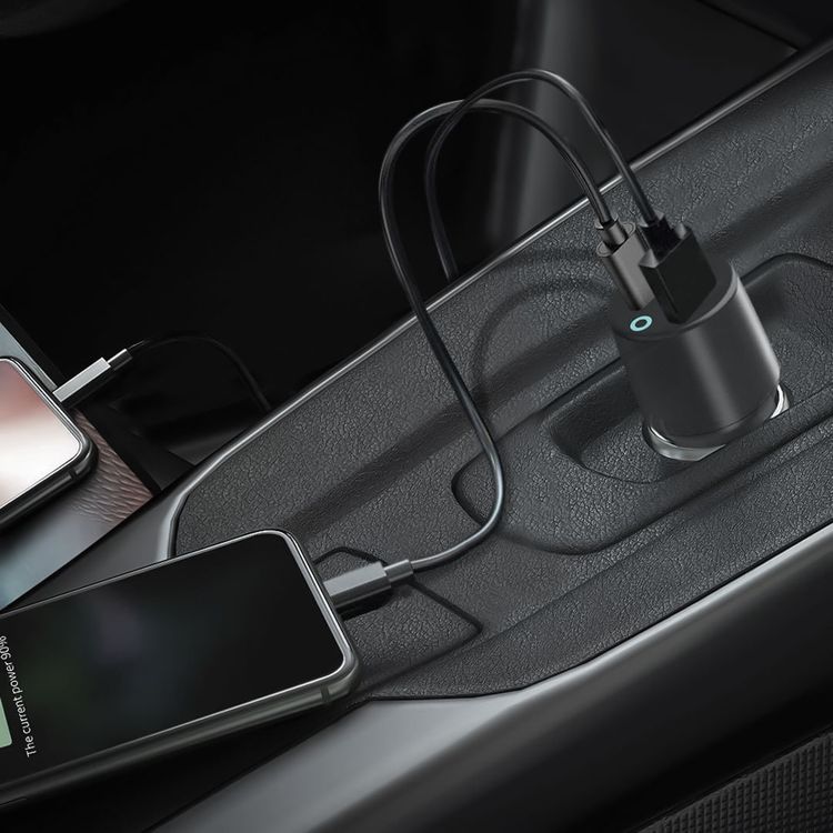 Powerology Dual Port Car Charger with USB-A & USB-C Ports, PD 35W, 47W Total Power, USB-C to Lightning Cable, 1.2m Cable Length, Fast Charging - Black