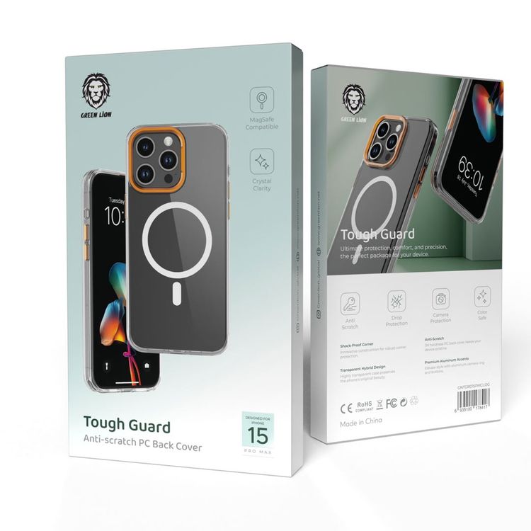 Green Lion Tough Guard PC Case for iPhone 15 Pro Max, Anti-Scratch, Drop Protection, MagSafe Compatible, Shock-Proof Corners, Camera Protection - Orange