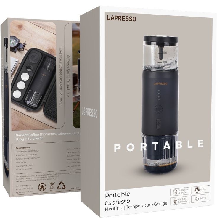  LePresso Portable Espresso Machine,  Food Grade Stainless Steel, 2500mAh x3 Battery Capacity, 80mL Water Tank Capacity - Black