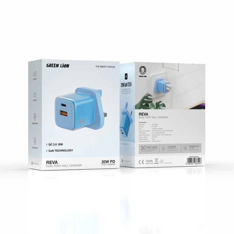 Green Lion Reva Dual Port Wall Charger with Fast Charge Support, 20W Power Delivery, 18W USB-A Output, Flame-Retardant Material, Multi-Device Charging, Built-in Safeguard - Blue