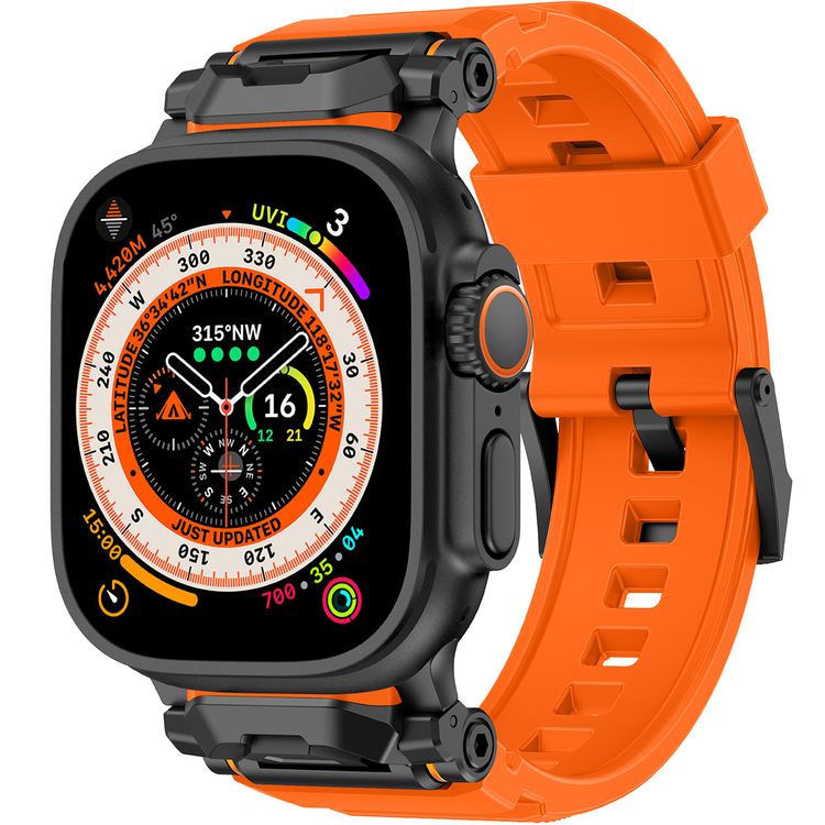 Levelo Nico Watch Strap for Apple Watch 49/46mm with Metal Buckle Closure, Compatible with SE Series 9, 8, 7, 6, 5, Silicone & Stainless Steel Finish, Lightweight & Flexible Fit, Sweat-Resistant & Water-Resistant, Hypoallergenic Material, Extended Band Interaction - Sunset Orange