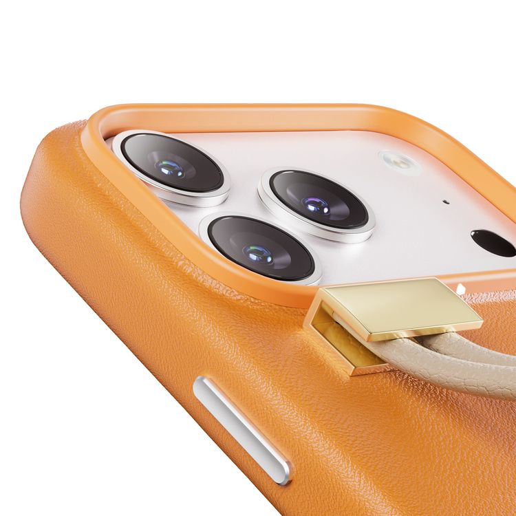 Levelo Polaris PU Leather Case with Wrist-Strap Grip for iPhone 17 Pro Max, Microfiber Inner Lining, Raised Bezels for Camera & Screen, Shock-Resistant Bumper, Drop-Tested - Orange