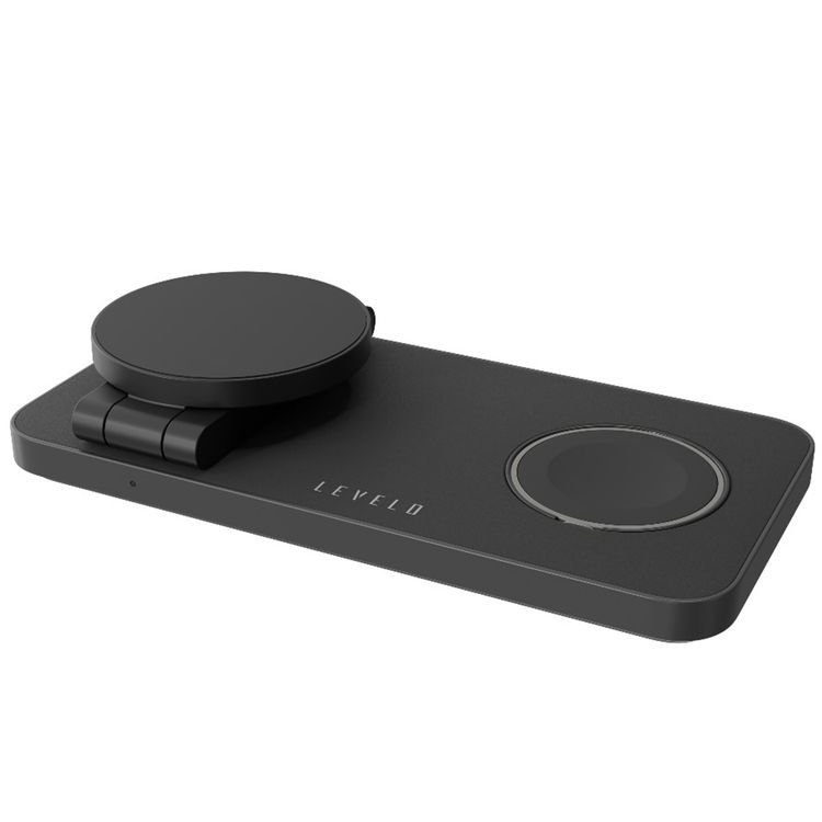 Levelo Quantum 3-in-1 Wireless Charger with 15W Phone Output, 5W AirPods Output, 3W iWatch Output, Strong N52 Magnet, LED Indicator, Compatible with MagSafe, Over Temperature Protection, Simultaneous Charging, Over Voltage Protection, Fast Charging, Foldable Design - Black