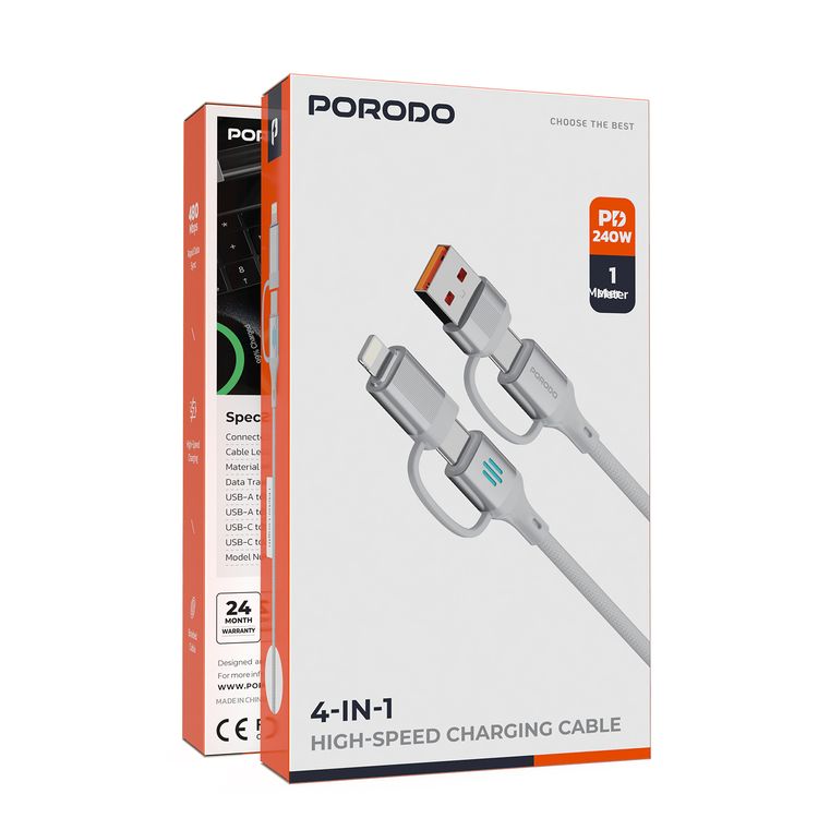 Porodo 4-in-1 High-Speed Charging Cable with Braided Material, 1m Cable Length, 240W Power Delivery, Aluminum Alloy Material, Tangle-Free Design, 480Mbps Data Transfer Speed - Silver
