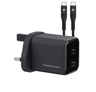 Powerology Volt-X 45W Dual USB-C Port GaN Wall Charger with Fast Charging Speed, USB-C Output Ports, USB-C to USB-C Cable Included, Wide Compatibility, Compact Travel Size, Universal Protocol Support - Black