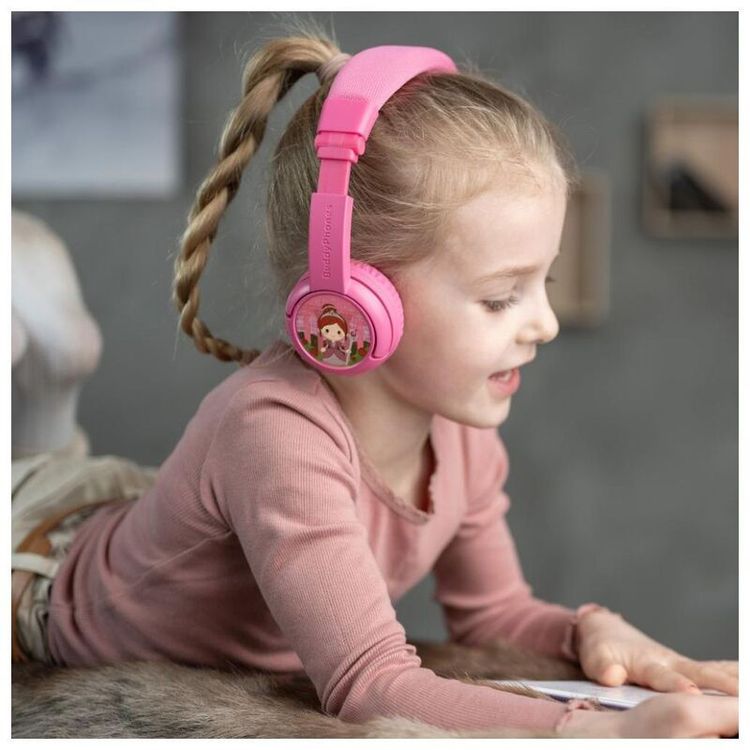 سماعات رأس BuddyPhones Play+ للأطفال مع اتصال سلكي ولاسلكي، تصميم قابل للطي، حجم عصابة رأس قابل للتعديل، ميكروفون مدمج، عمر بطارية 20 ساعة - وردي روزي