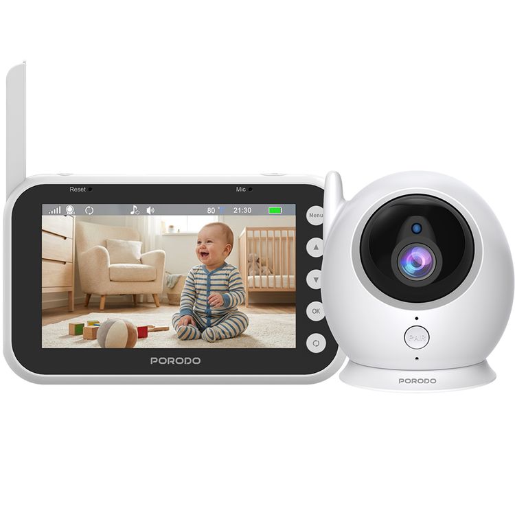 Porodo Lifestyle Lumi 2000mAh Battery Capacity Baby Smart Monitor with Crying Alarm, Two-Way Audio, Night Vision, Cable Holder, 6-Level LCD Brightness, Feeding Reminder, Temperature Detection, VOX Mode, Zoom In/Out, 6-Level Volume Control, Two-Way Audio, USB-C Charging Interface - White