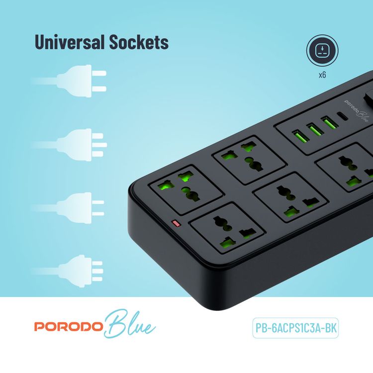 Porodo Blue 6 AC Universal Sockets Power Strip with Type-C, 3 USB-A UK, 3m Cable Length, Universal Sockets - Black