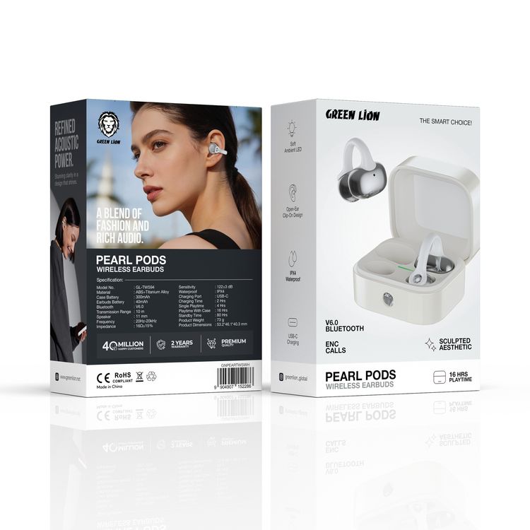 Green Lion Pearl Pods Wireless Earbuds with 16 Hours Play Time, Soft Ambient LED, Open-Ear Clip-On Design, IPX4 Water Resistance Level, USB-C Charging Port, Bluetooth Version 6.0, ENC Calls, Sculpted Aesthetic - White
