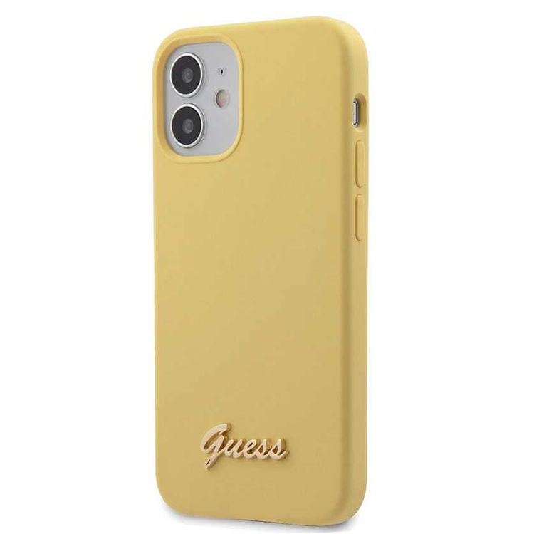 CG MOBILE Guess Liquid Silicone Phone Case w/ Metal Logo Script for iPhone 12 Mini (5.4") Mobile Case Compatible with Wireless Chargers Officially Licensed - Yellow