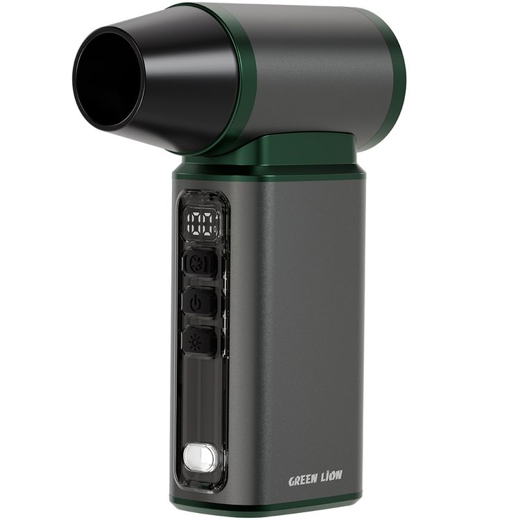 Green Lion Jet Max Air Blower with 110000 RPM, 45m/s Wind Speed, 5-Speed Adjustment, Turbo Boost Mode, 240 Minutes Runtime, Digital Display, LED Spotlight, USB-C Charging Port, Interchangeable Nozzles,  Brushless Motor, 2-3 Hours Charging Time - Gray