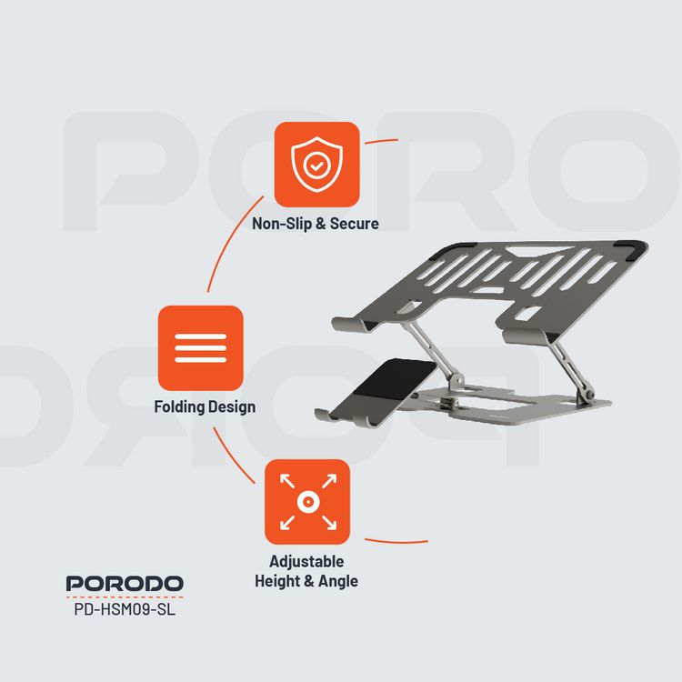Porodo Smart Folding Multi-Device Stand with Phone Holder, Carbon Steel & Silicone Rubber Material, 10-17" Devices Compatible, Adjustable Height & Angle, Folding Design, Non-Slip & Secure - Silver