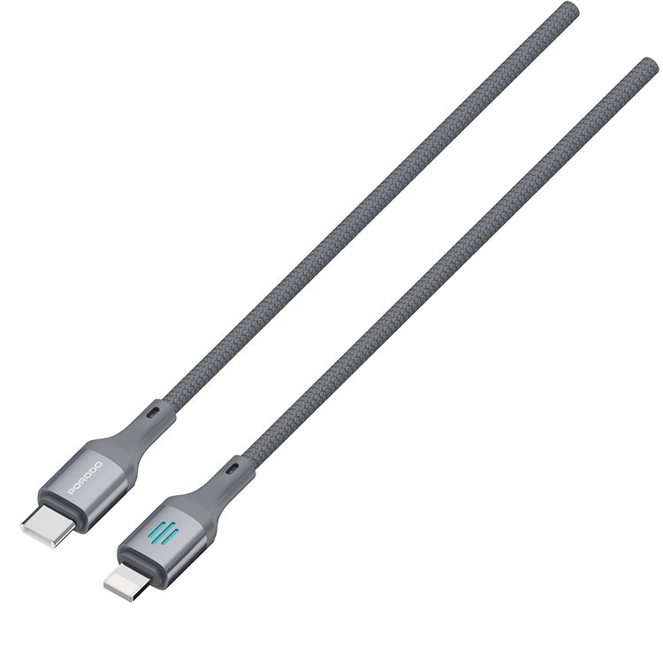 Porodo USB-C to Lightning Charging & Data Cable with 27W Power Delivery, 1m Cable Length, Braided Cable with Tangle-Free Design, 480Mbps Data Transfer Speed, Fast Charge - Gray