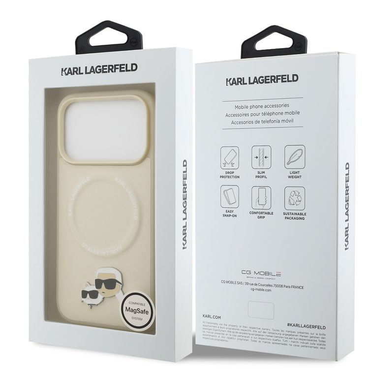 كفر كارل لاغرفيلد من الجلد الصناعي مع دبابيس على شكل رأس كارل وشوبيتي لهاتف آيفون 17 برو ماكس، متوافق مع MagSafe، ذو تصميم نحيف، يوفر حماية من الصدمات، بمسكة مريحة، بعبوة مستدامة، وسهل التركيب، وخفيف الوزن - بيج