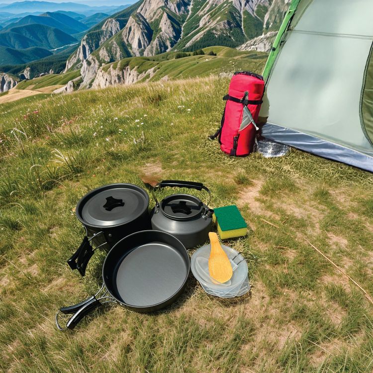 Green Lion 7-in-1 Camping Cookware with Heat-Resistant Handles, Wooden Shovel & Sponge, Foldable Soup Spoon, Food-Grade Material, Easy to Store & Carry, Foldable & Lightweight - Black