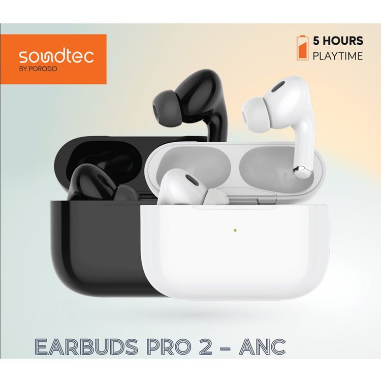 Porodo Soundtec Earbuds Pro 2 with ANC Transparency & Active Noise Cancellation, Adaptable, Touch Control, Wireless Charging Compatibility, Bluetrum Chipset, 300mAh Battery Capacity - Black