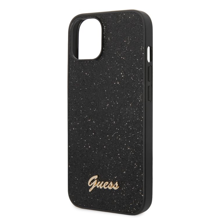Guess PC/TPU Glitter Flakes Case with Script Metal Logo iPhone 14 Compatibility - Black