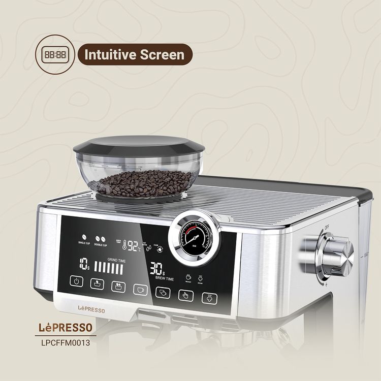 ماكينة صنع قهوة اسبريسو LePresso Advanced ذات شاشة لمس تفاعلية، مضخة ULKA 19 بار، 1350 واط، سعة خزان مياه 2.5 لتر، مقياس غلاية، مطحنة مخروطية الشكل، إعدادات طحن قابلة للتعديل - فضي