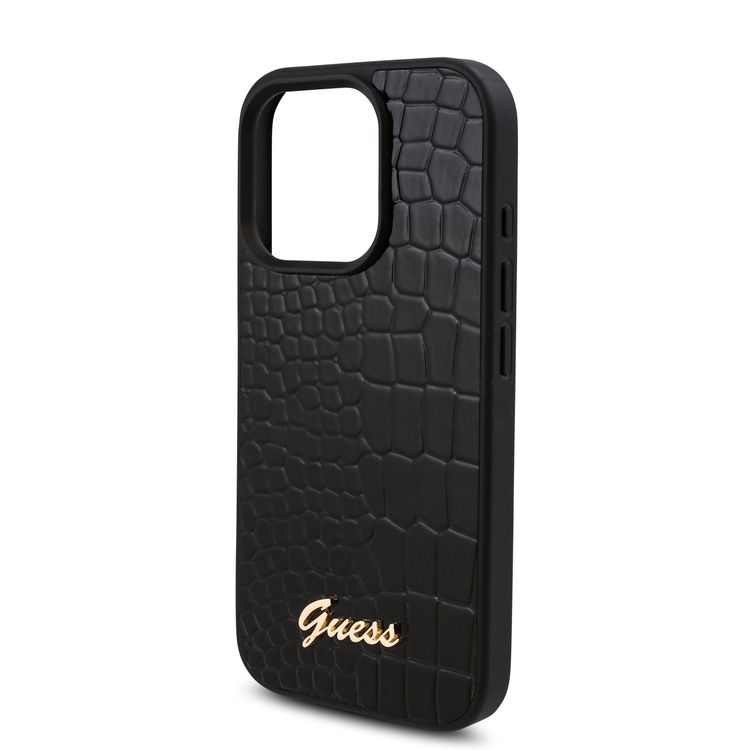 Guess PU Croco Hard Case with Script Logo for iPhone 16 Pro, Lightweight, High-Quality Material, Easy Snap-on - Black 