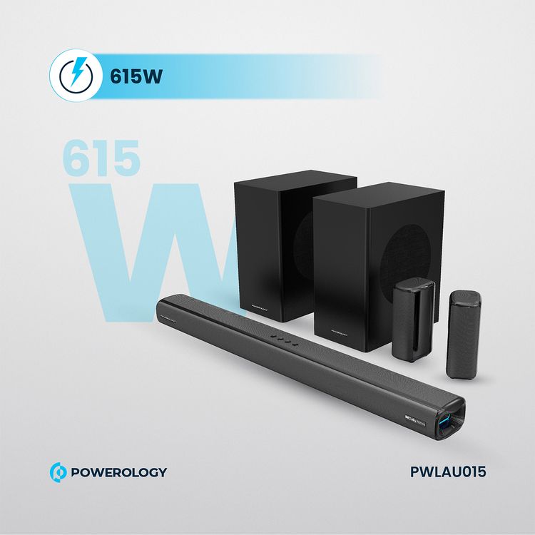 Powerology 5.2.4CH Home Theater Soundbar with Dolby Atmos, Wireless Subwoofer & Wireless, TV (ARC) Input, USB & AUX Port, Remote Control, LED Display - Black