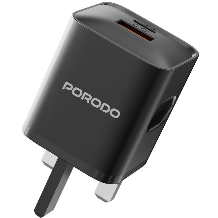 Porodo PD+QC 20W Wall Charger with Type-C to Lightning Cable, Dual Port, 1.2m Cable Length, UK Plug, Simultaneous Charging, Over-Heat Protection - Black 