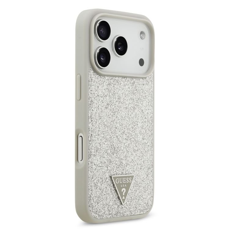 Guess MagSafe PU Leather Fixed Glitter Case with Triangle Logo for iPhone 17 Pro, Slim Profile, Easy Snap-On, Sustainable Packaging, Comfortable Grip, Drop Protection, Lightweight Design - Silver