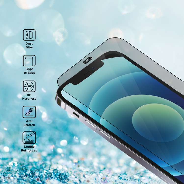 واقي شاشة Liberty Guard كامل الحواف المستديرة لهاتف iPhone 12/12 Pro مع فلتر غبار ومضاد للصدمات والتأثير - أسود