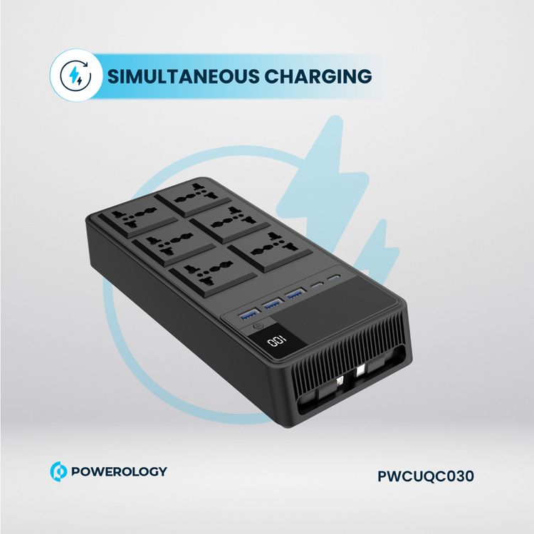 Powerology 2500W Power Strip with 6 AC Sockets & Built-in Retractable Cables, 5 USB Ports, USB-C & Lightning Outputs, Built-in Safeguards, Fire-Proof Material, 24H Timer, Simultaneous Charging, 70cm Cables Length & 3m Power Cord Length - Black
