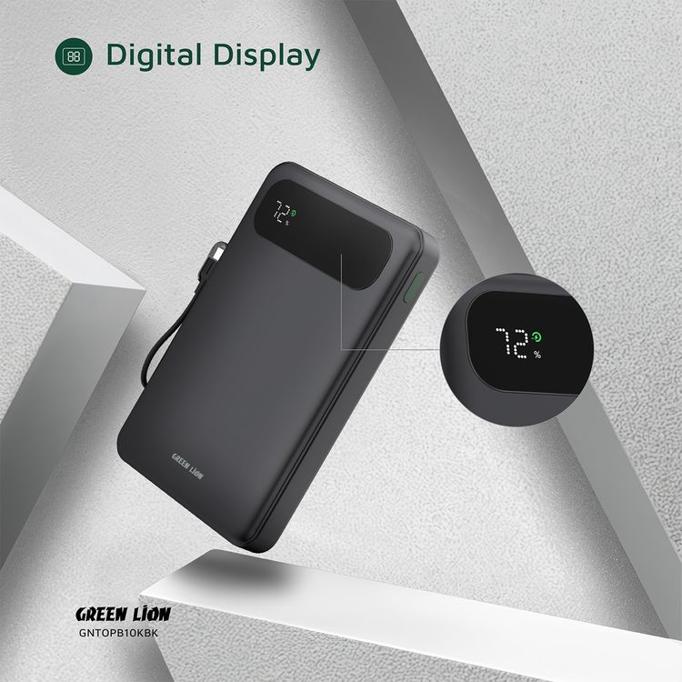 Green Lion Toledo 10000mAh Power Bank with 20W PD Fast Charging, USB-C to USB-C Cable Strap, USB-A & USB-C Outputs, Flight Approved, Digital Display, Fast Charging - Black