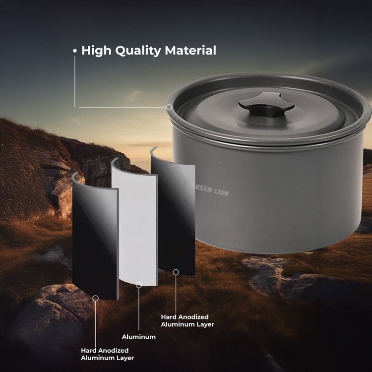 Green Lion 10-in-1 Camping Cookware with Camping Stove, Foldable Soup Spoon, Wooden Shovel, Small Bowl, Foldable Knife, Heat-Resistant Handles - Black