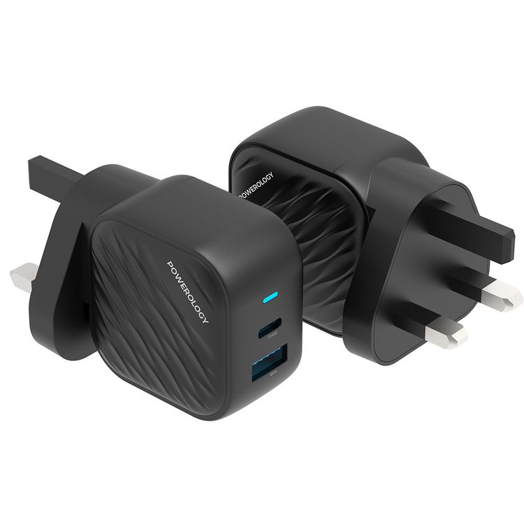 Powerology GaN Dual-Port Wall Charger with 45W Power Delivery, Built-in Safeguards, Universal Compatibility, 1.2A Rated Current, AC 100-240V Rated Voltage - Black