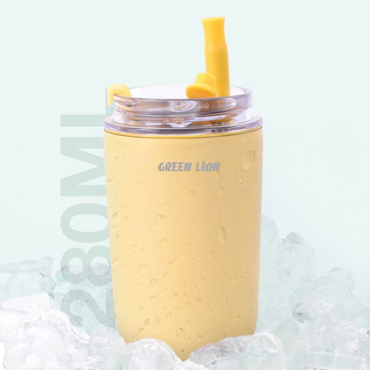 Green Lion Vacuum Travel Mug Lite, 280 mL Capacity, Keeping Hot for 6 Hours and Cold for 12 Hours, Food Grade Silicone Straw, Food Grade Stainless Steel Cup - Cream
