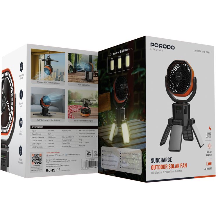 Porodo Suncharge Outdoor Solar Fan with LED Lighting & Power Bank Function, 3 LED Brightness Levels, 4 Speed Settings, Foldable Hanging Hook, 150°Auto Oscillation, Up to 30 Hours Working Time, 6000mAh Battery, 5W Rated Power - Black / Orange