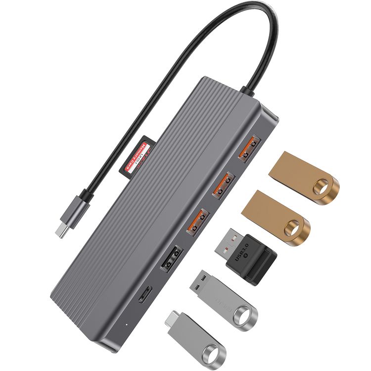 Powerology 13-in-1 USB-C Hub, 4K, HDMI, Type-C, 100W PD, Ethernet, USB SD MicroSD, 3.5 AUX - Gray