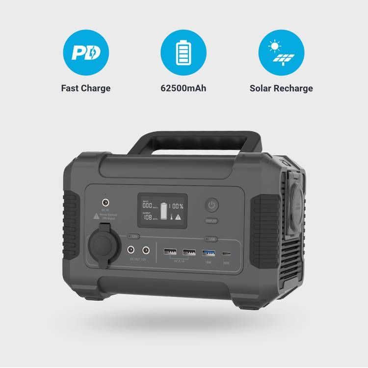 مولد طاقة محمول من باورولوجي مع لوحة معلومات LCD، 62500 مللي أمبير، 200 وات، QC 18 وات، PD 30 وات، خرج تيار متردد 220 فولت في المملكة المتحدة، حماية من الحمل الزائد والسخونة الزائدة، لوحة شمسية - أسود