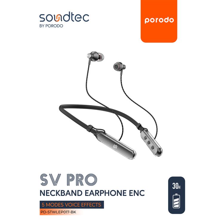 Porodo Soundtec SV Pro Neckband Earphones ENC with 5 Voice Effect Modes, Magnetic Earbuds, 250mAh Battery Capacity, Up to 30 Hours Playtime - Black