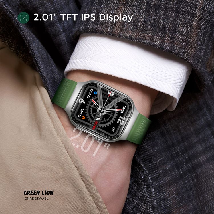 Green Lion Ridge Smart Watch with Magnetic Charging, Bluetooth Calls, Music Player, Health Monitoring, Metal Case Material, PU Leather Strap Material - Silver / Green