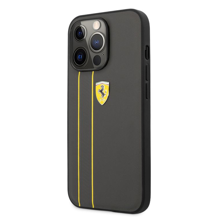 CG MOBILE Ferrari Genuine Leather Hard Case with Debossed Stripes Compatible for iPhone 13 Pro Max (6.7") Shock & Scratches Resistant, Easy Access to All Ports