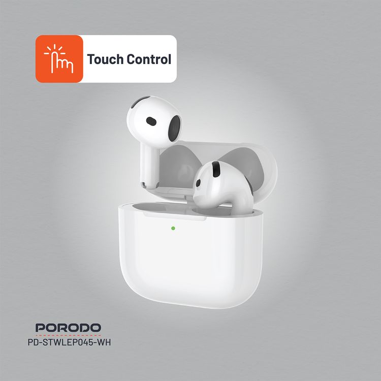 Porodo Soundtec Earbuds Gen 4 with Environmental Noise Cancellation, 5 Hours Play Time, 25m Transmission Range, Touch Control, Wireless Charging - White