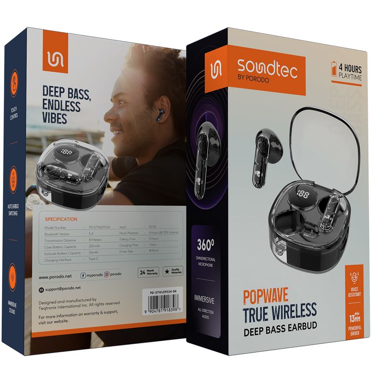 Porodo Soundtec Popwave True Wireless Earbuds with Up to 4 Hours of Playtime, 10m Transmission Distance, Bluetooth Version 5.4, 360° Omnidirectional Microphone - Black