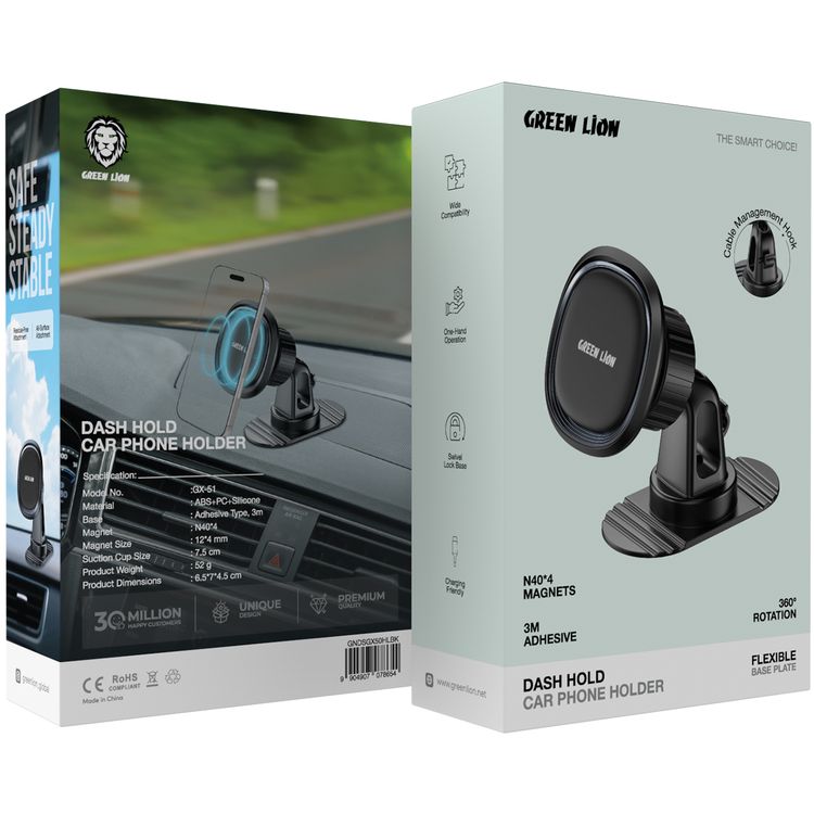 Green Lion Dash Hold Car Phone Holder with Cable Management Hook, Flexible Base Plate, Residue-Free Attachment, One-Hand Operation, Swivel Lock Base - Black