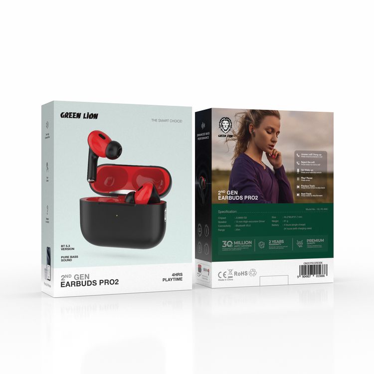 Green Lion 2nd Gen Earbuds Pro2 with ANC, Type-C Charging, Universal Compatibility, Wireless Charging, Built-in Microphone,  Silicone Ear Tips & Lanyard Included, 13mm High Excursion Driver, 4 Hours Playtime, Pure Bass Sound - Black / Red