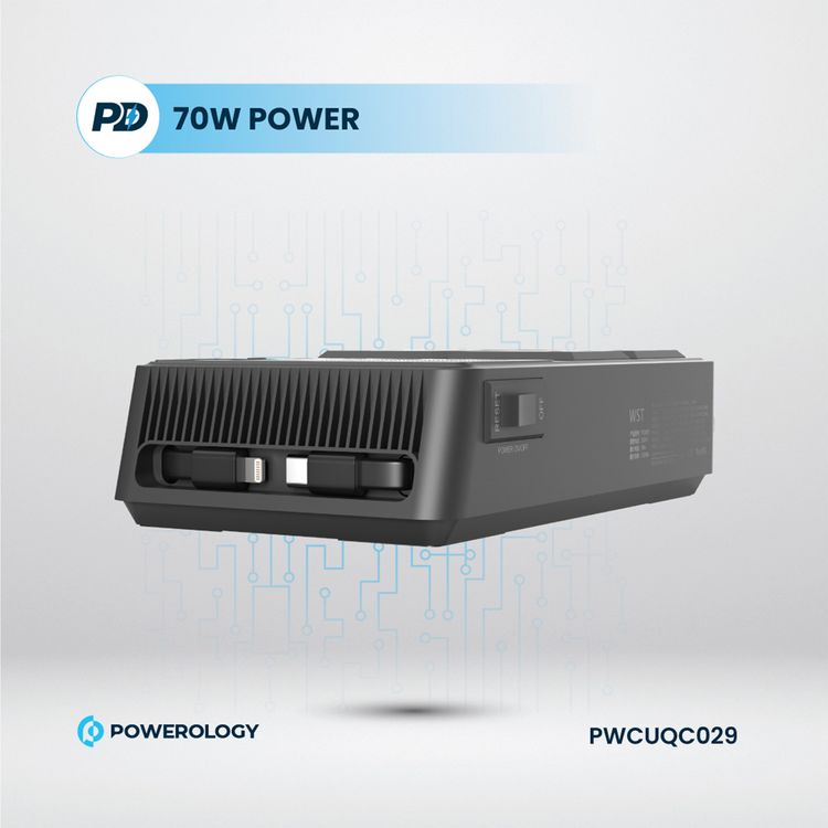 مشترك طاقة Powerology 2500 واط مع 4 مقابس تيار متردد وكابلات مدمجة قابلة للسحب، 5 منافذ USB، مخرجات USB-C وLightning، أدوات حماية مدمجة، مادة مقاومة للحريق، مؤقت 24 ساعة، شحن متزامن، طول الكابل 70 سم وطول سلك الطاقة 3 متر - أسود
