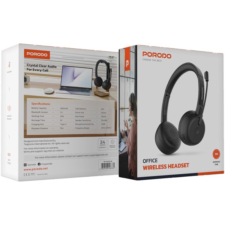 Porodo Office Wireless Headset with 20 Hours Working Time, Mute Button, Crystal Clear Microphone, USB-C Charging Port, 1 Hour Charging Time, Bluetooth Version 5.3 - Black