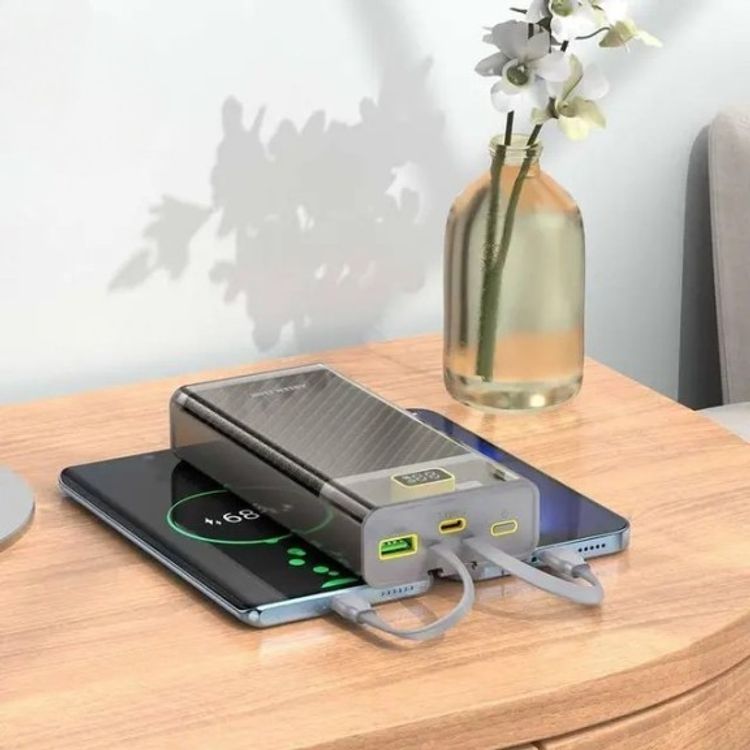 Green Lion Transparent 2 Power Bank, 20000mAh, PD 20W Fast Charge, Integrated Type C & Lightning Cables, LED Display, Lithium ion Polymer Battery, Portable - Grey