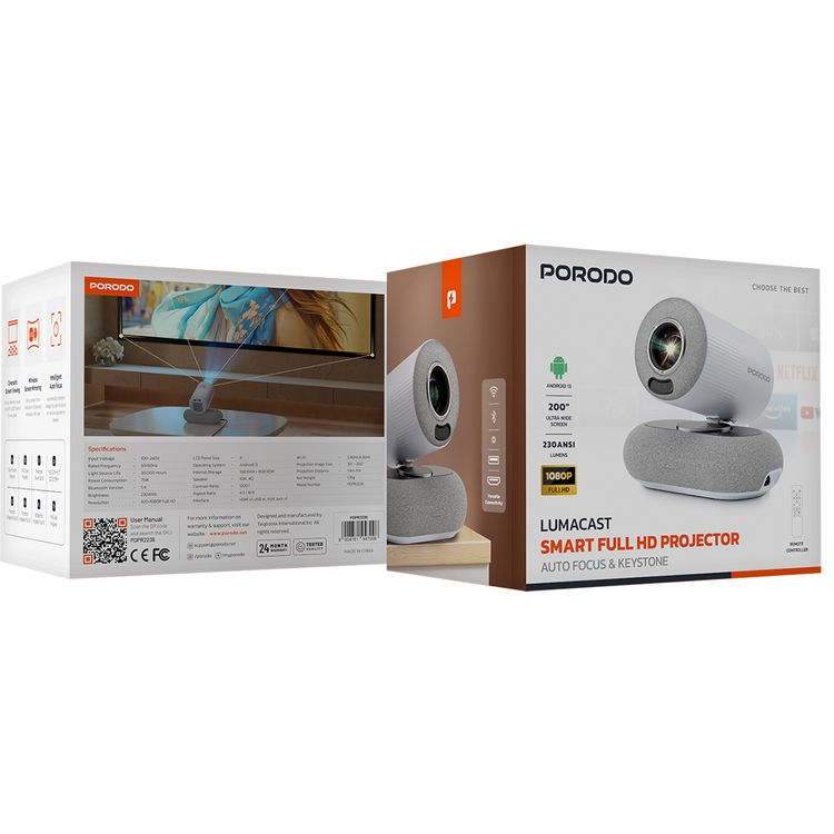 Porodo Lumacast Smart Full HD Projector with Auto Focus & Keystone, Cinematic Screen Viewing, Wireless Screen Mirroring, Android 13 Operating System - White