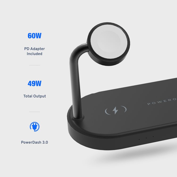 Powerology Portable 4-in-1 Fast Charging Power Dock with 49W Total Output, 60W UK 3-Pin Adapter Included, PowerDash 3.0, Apple Watch Series 1-5 Compatibility - Black